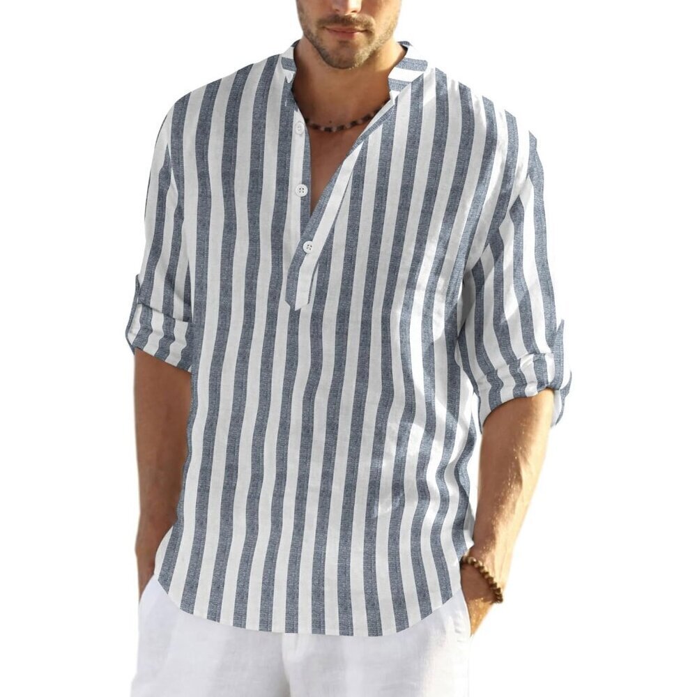 Men's Cotton Linen Henley Shirt Long Sleeve Casual Beach T Shirts Grey Blue